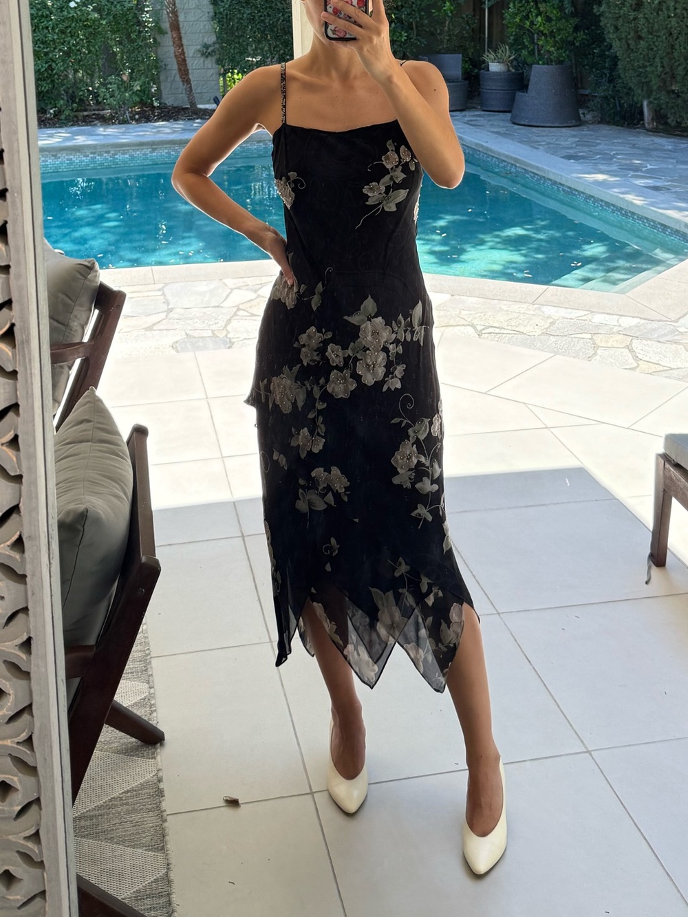 Eva Blue Black Floral Asymmetrical Mermaid Dress with Ivory Blooms